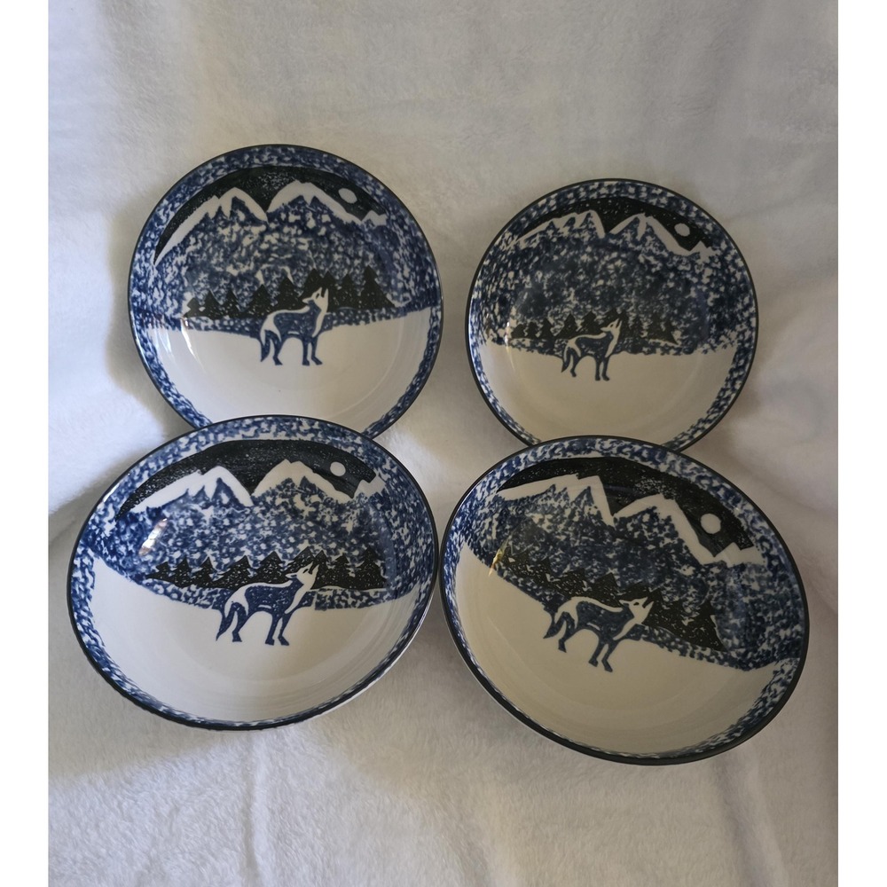 4 Vintage Tienshan Folk Craft Wolf Bowls - 6.75" Coupe Cereal Soup Bowls, 1990s